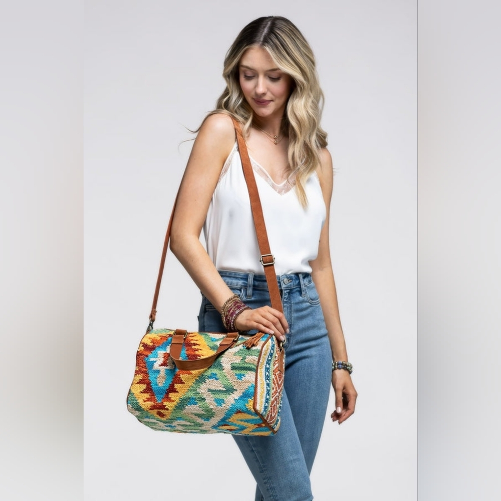 Handmade Boho Chic Satchel / Boston Bag - Navajo Aztec Inspired Design - Picture 3 of 9